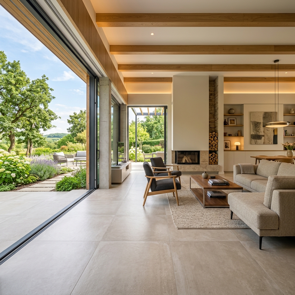 Moderne Schweizer Wohnzimmer-Bodenfliesen aus Feinsteinzeug für ein minimalistisches Interieur