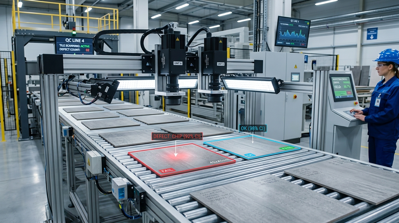 AI vision defect detection system inspecting ceramic tiles on conveyor line