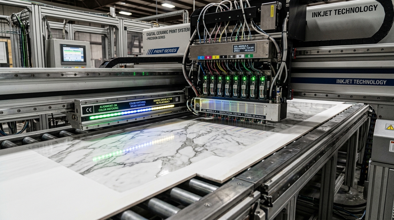 Close-up of high-speed industrial digital tile inkjet printer printing marble design