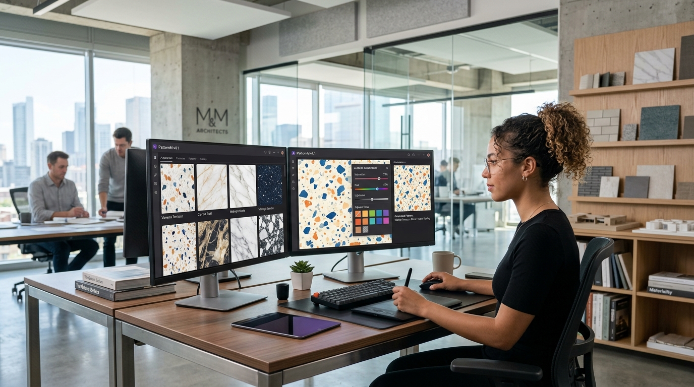 Creative architect designing terrazzo and marble tile patterns using AI assistant