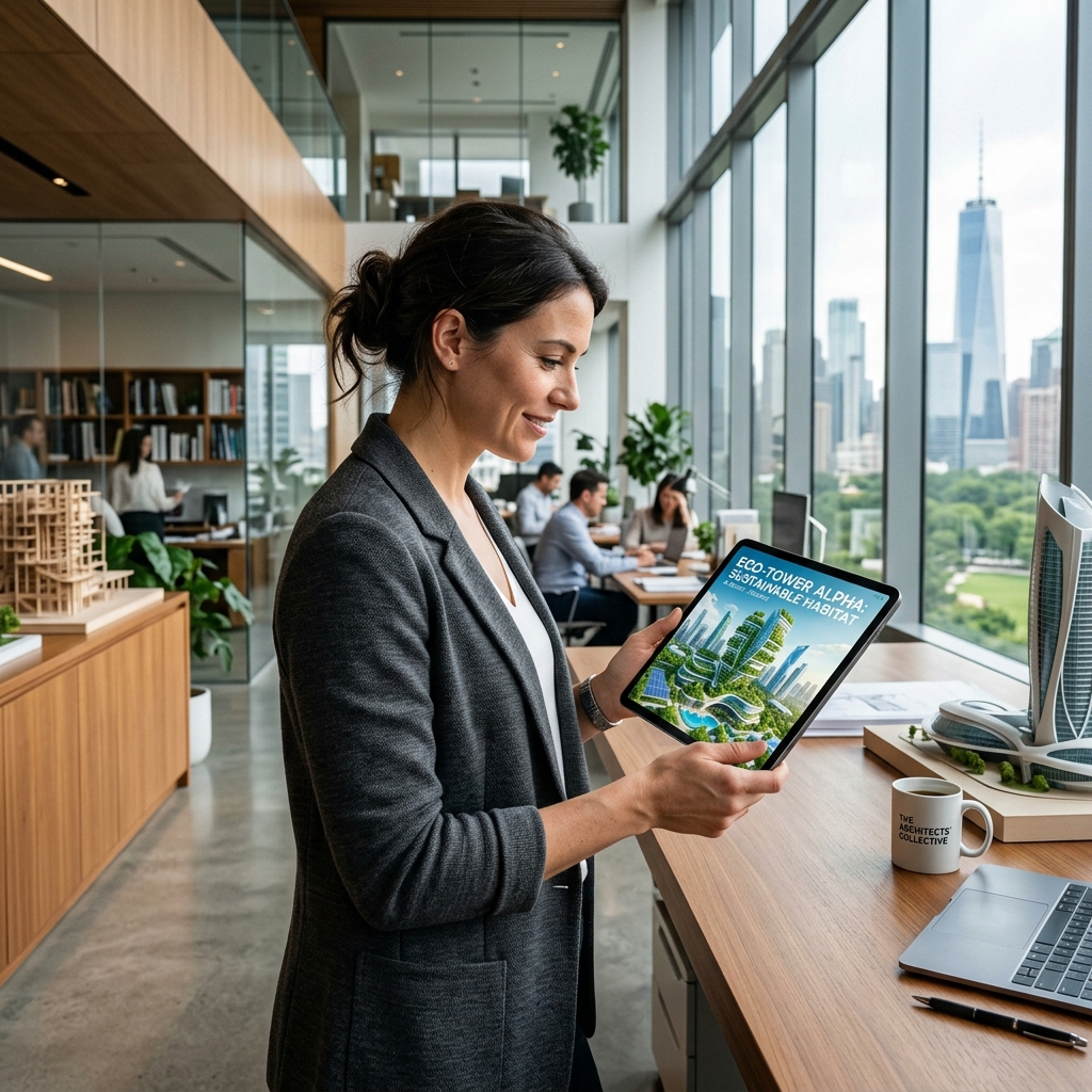 Architect using AI design generator on tablet for green buildings