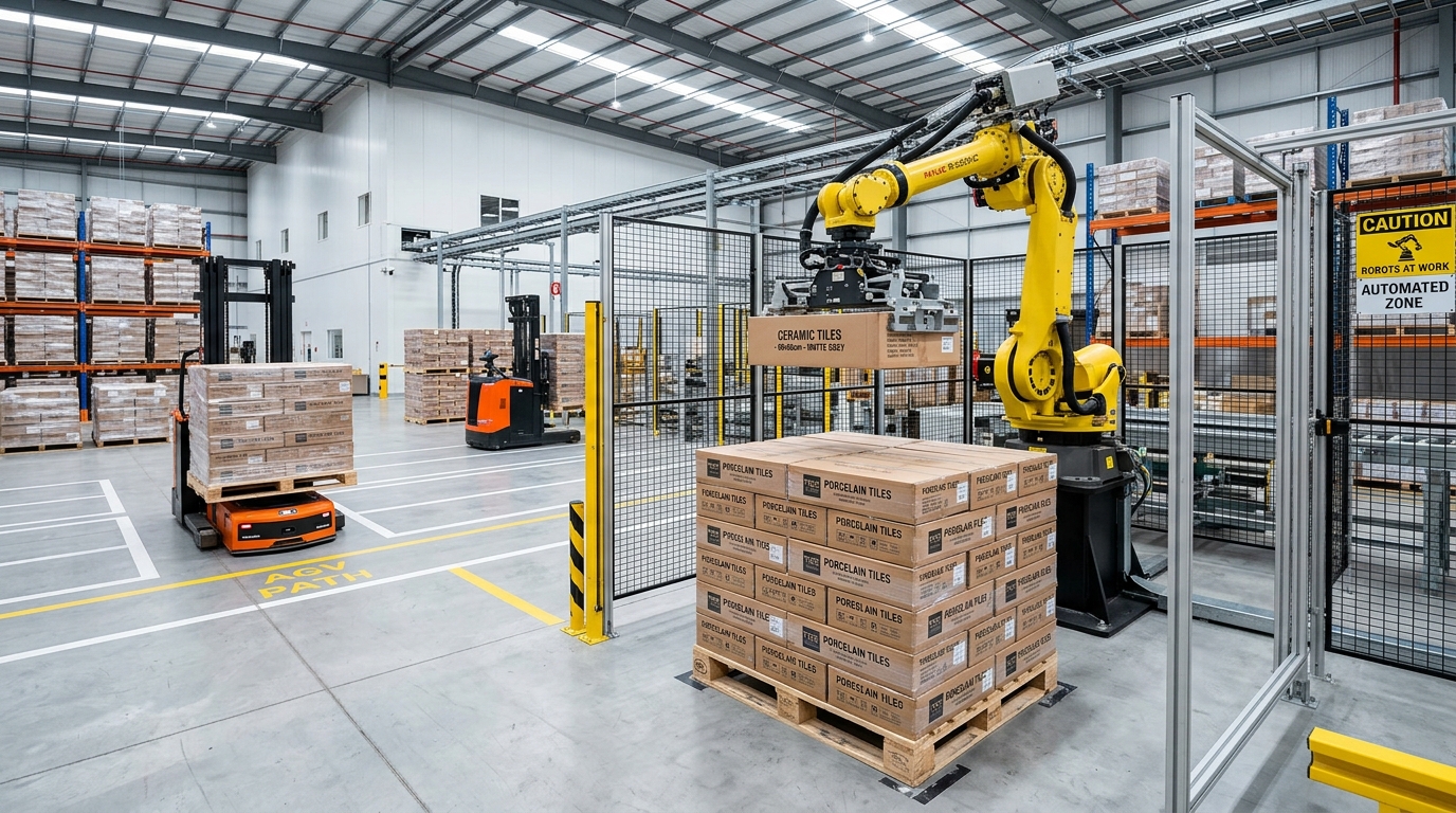 Robotic packaging arm stacking boxes of porcelain tiles onto a wooden pallet