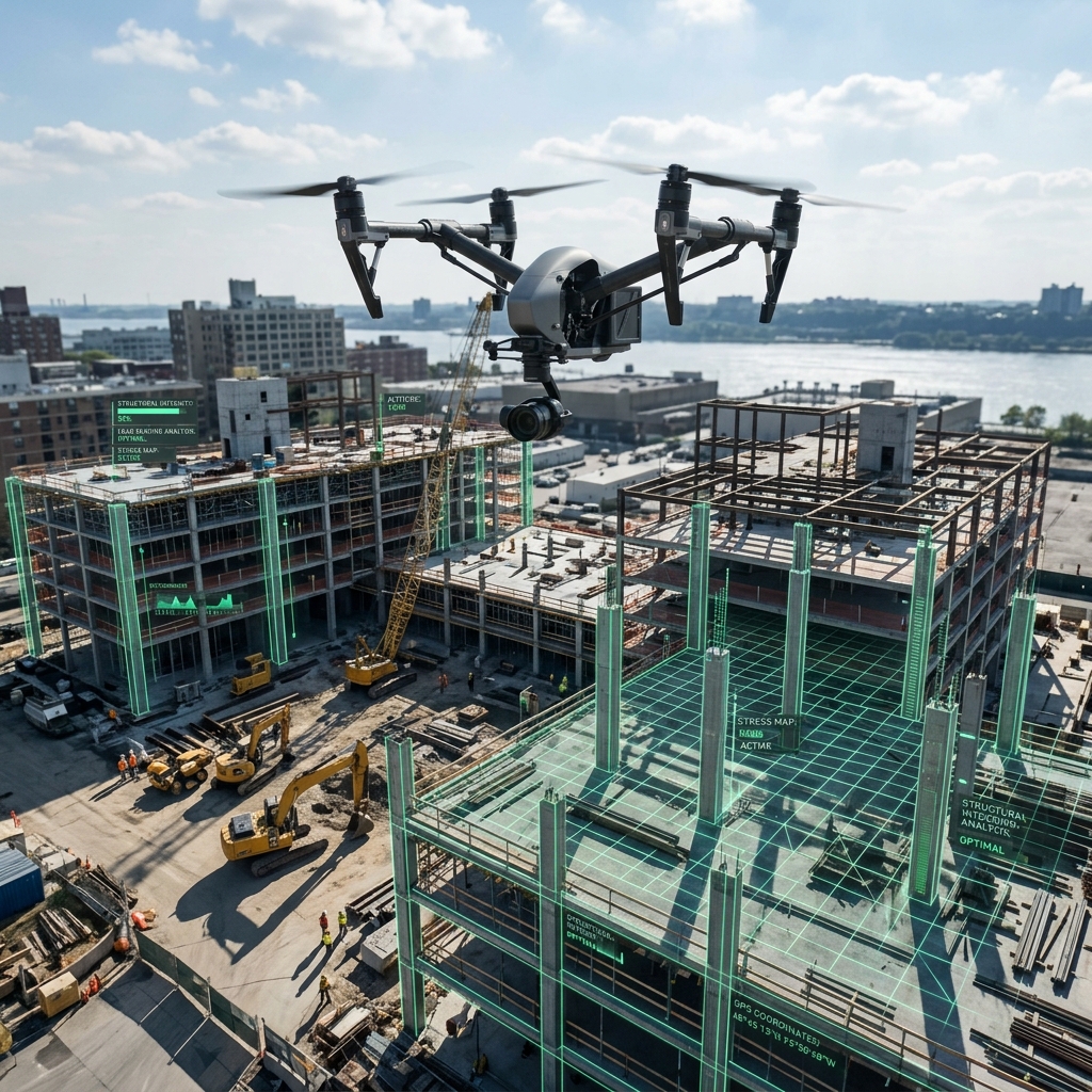 AI drone inspection scanning structural elements on construction site
