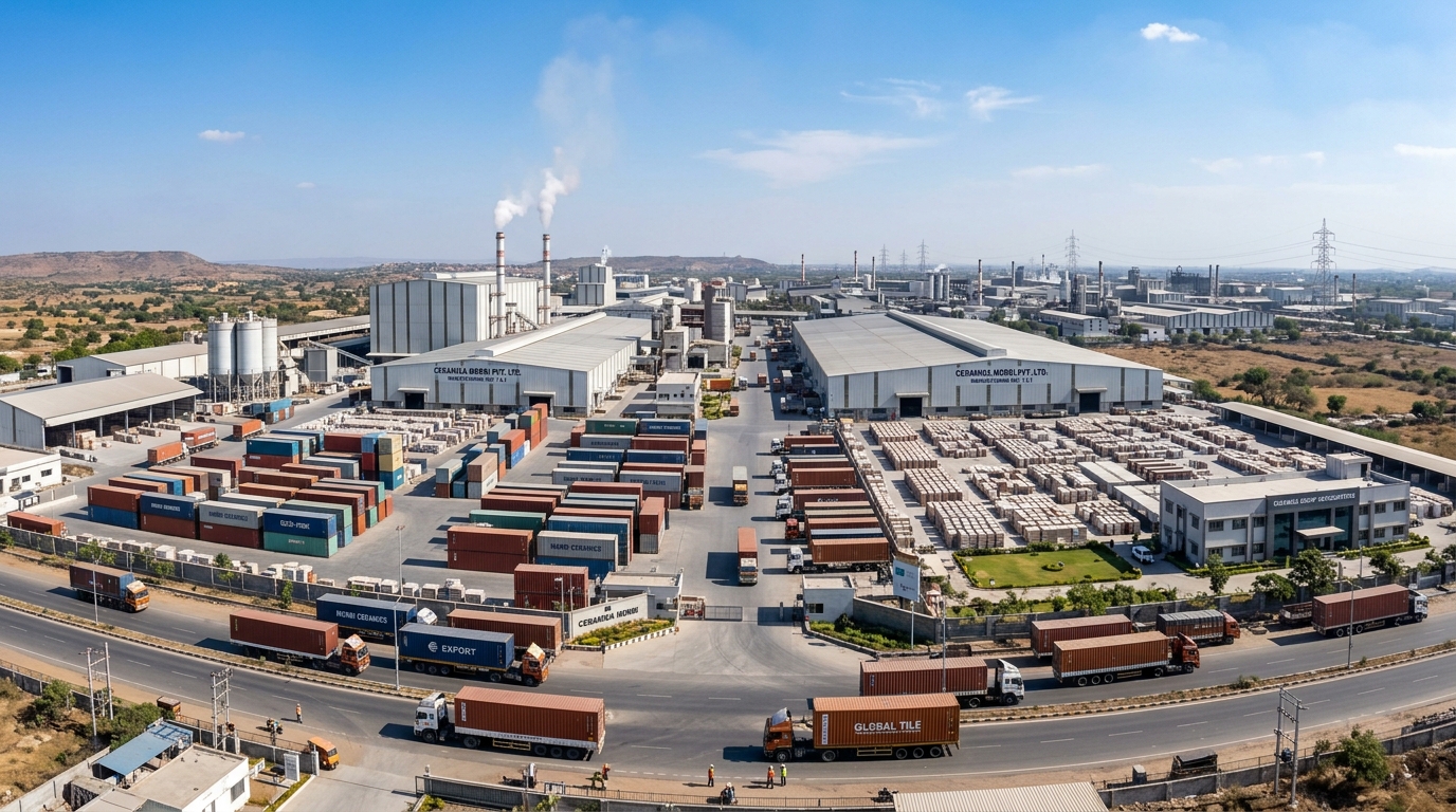 Panoramic view of modern large-scale ceramic tile factory complex in Morbi Gujarat