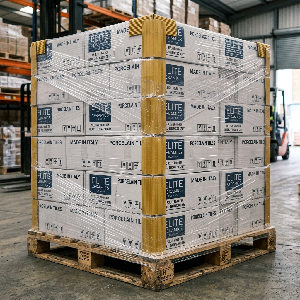 Strong wooden pallet packaging containing ceramic tiles for international shipping