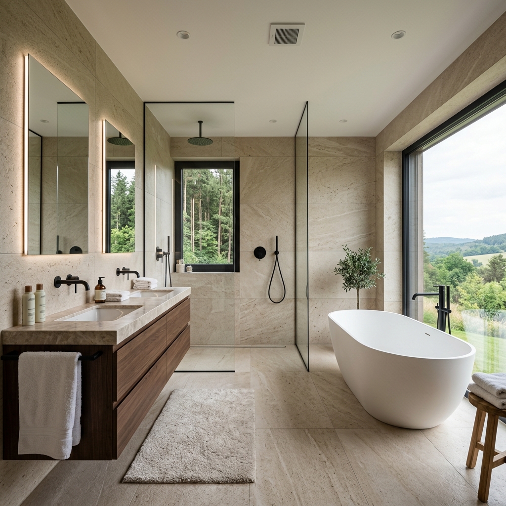 Resort bathroom featuring strong water-resistant porcelain wall and floor tiles