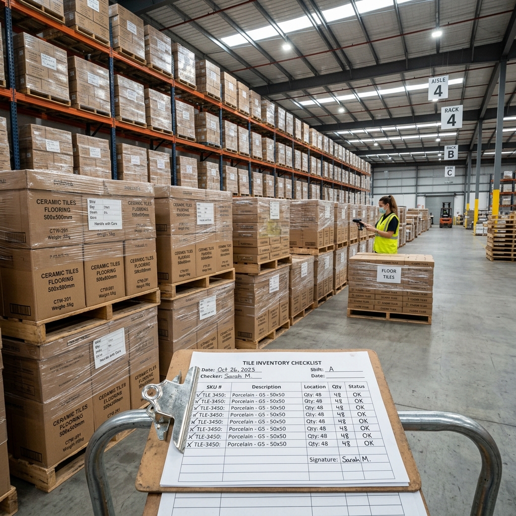 Quality control officer inspecting tile carton sealing and packaging strength