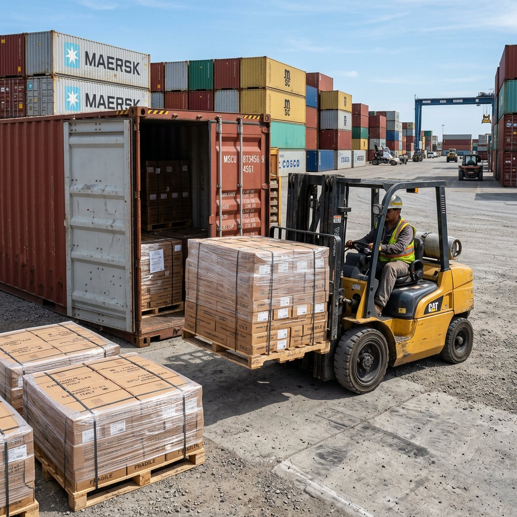 Cargo ship loaded with container shipments exporting tiles globally