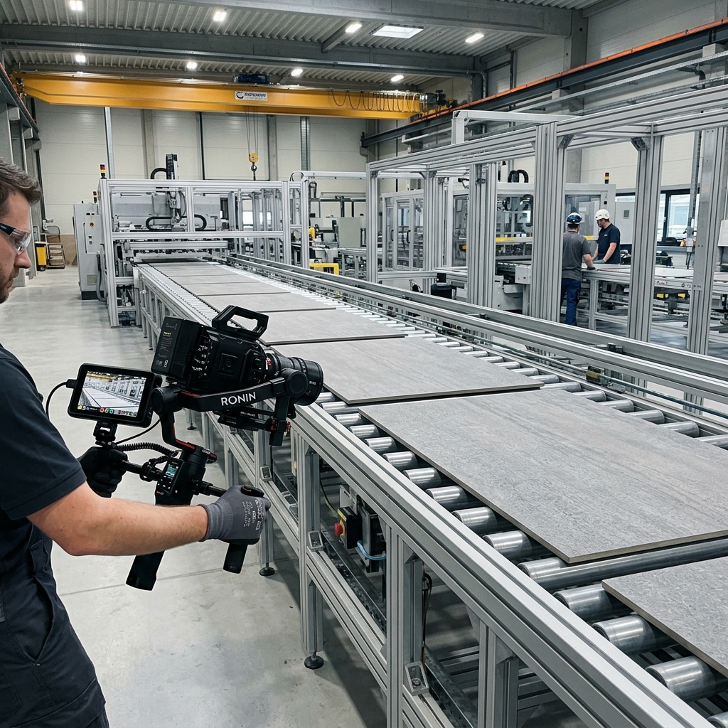 Camera filming automated ceramic tile manufacturing conveyor for social media content