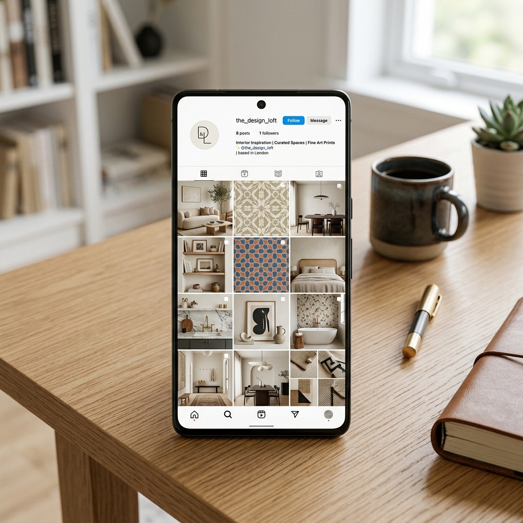Curated aesthetic Instagram feed grid showcasing tile mockups and interior designs