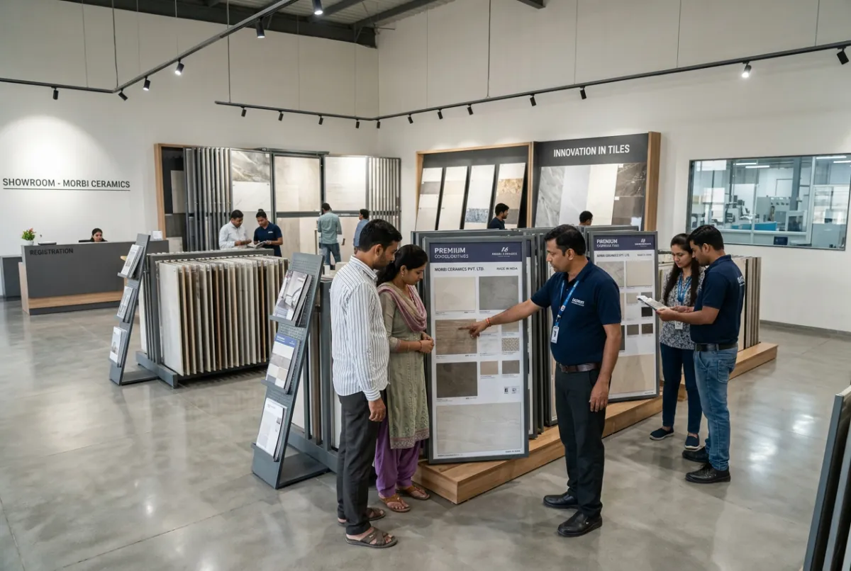 Premium finished porcelain floor tiles showcase output from Morbi tile factory showroom