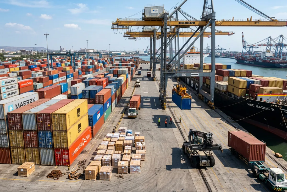 Forklift moving export pallets of tiles at the terminal cargo deck