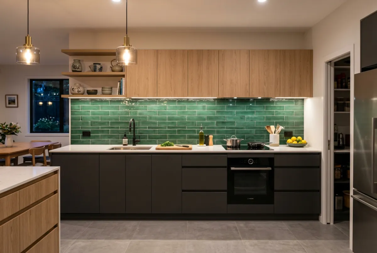 Contemporary kitchen design featuring green glazed ceramic wall tiles backsplash