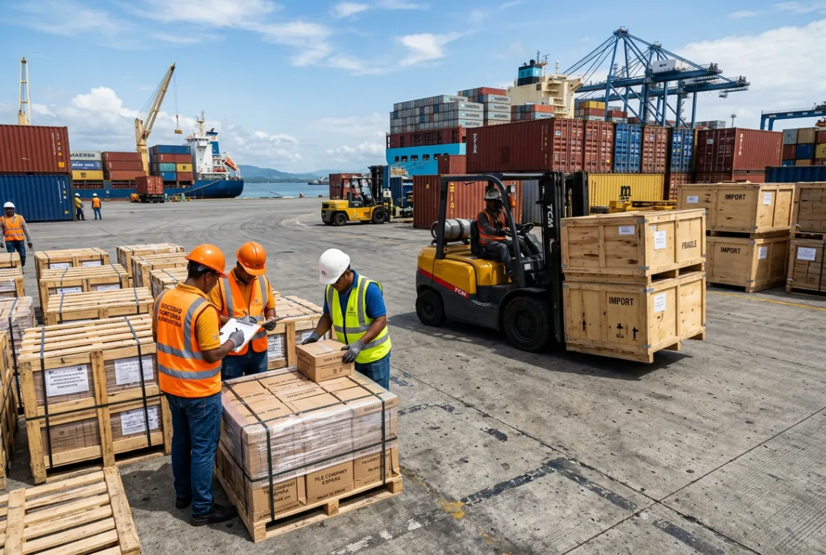 Logistics cargo port in Colombia handling wooden pallets of imported ceramic tiles
