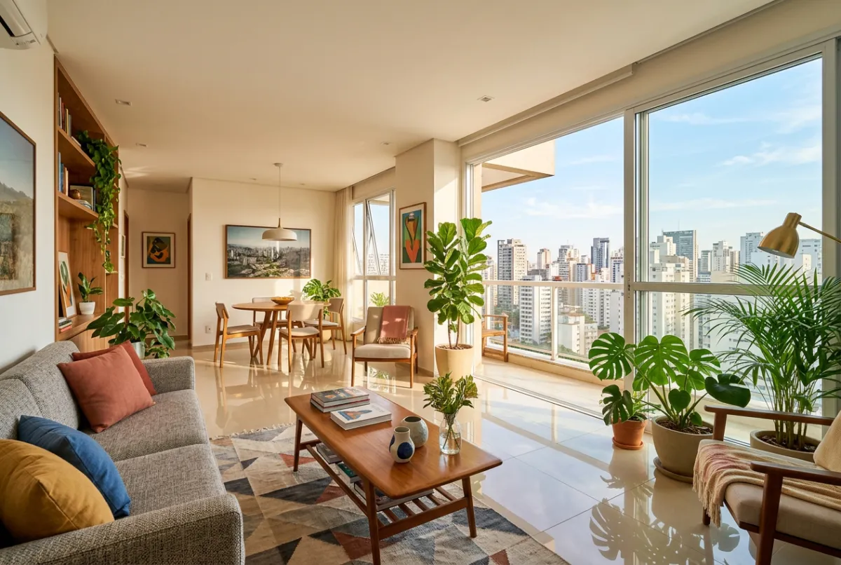 Luxury apartment living room in Sao Paulo Brazil featuring polished marble pattern floor tiles