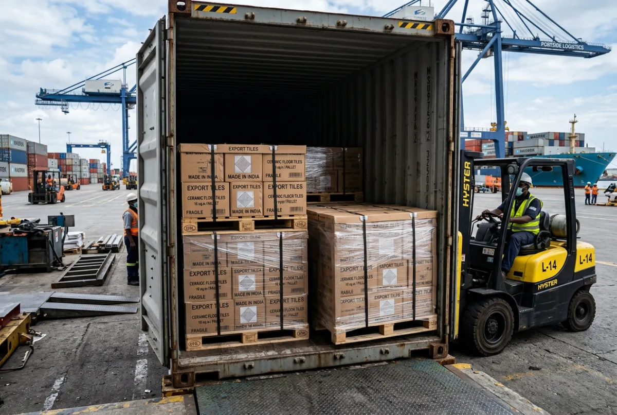 Forklift loading export pallets of Morbi ceramic tiles into sea shipping container