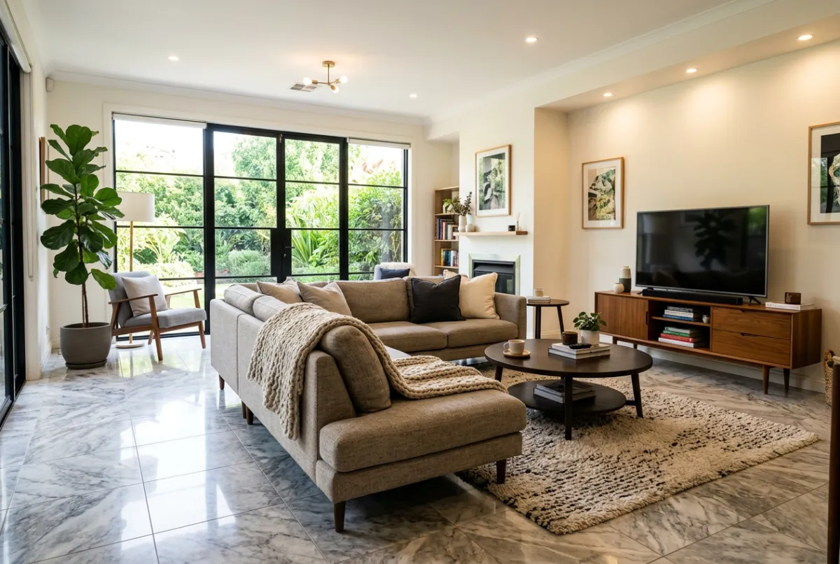 Luxury living room interior featuring polished ceramic floor tiles with marble pattern