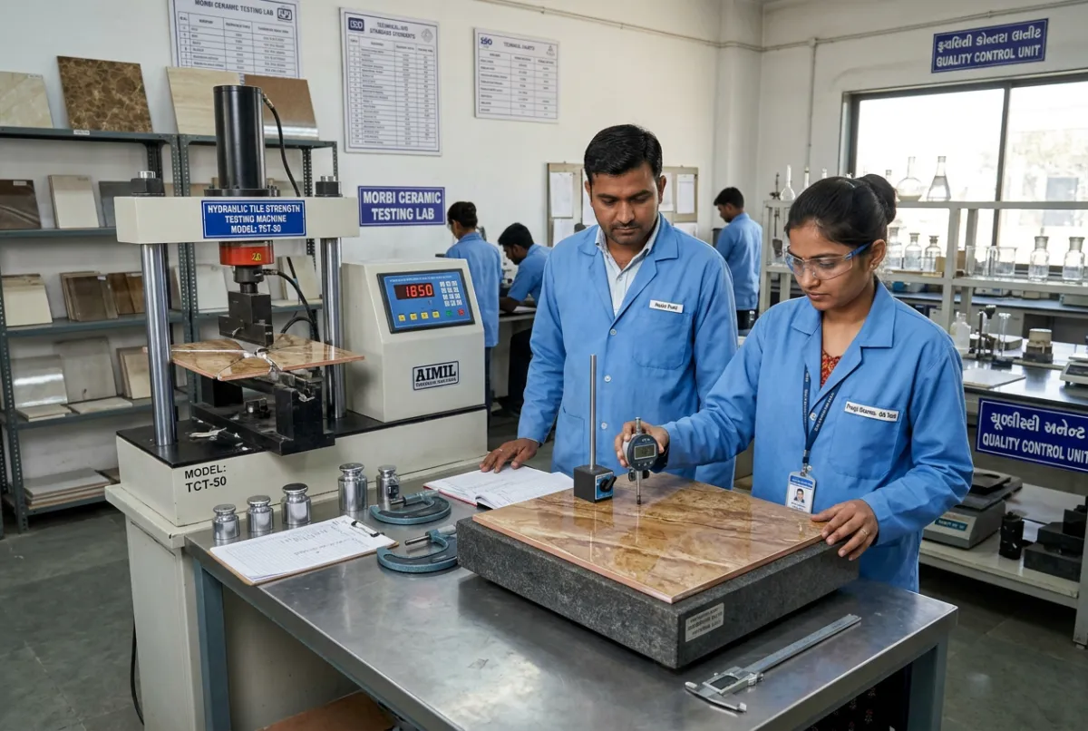 Quality control laboratory testing hydraulic strength and flatness of Morbi ceramic tiles