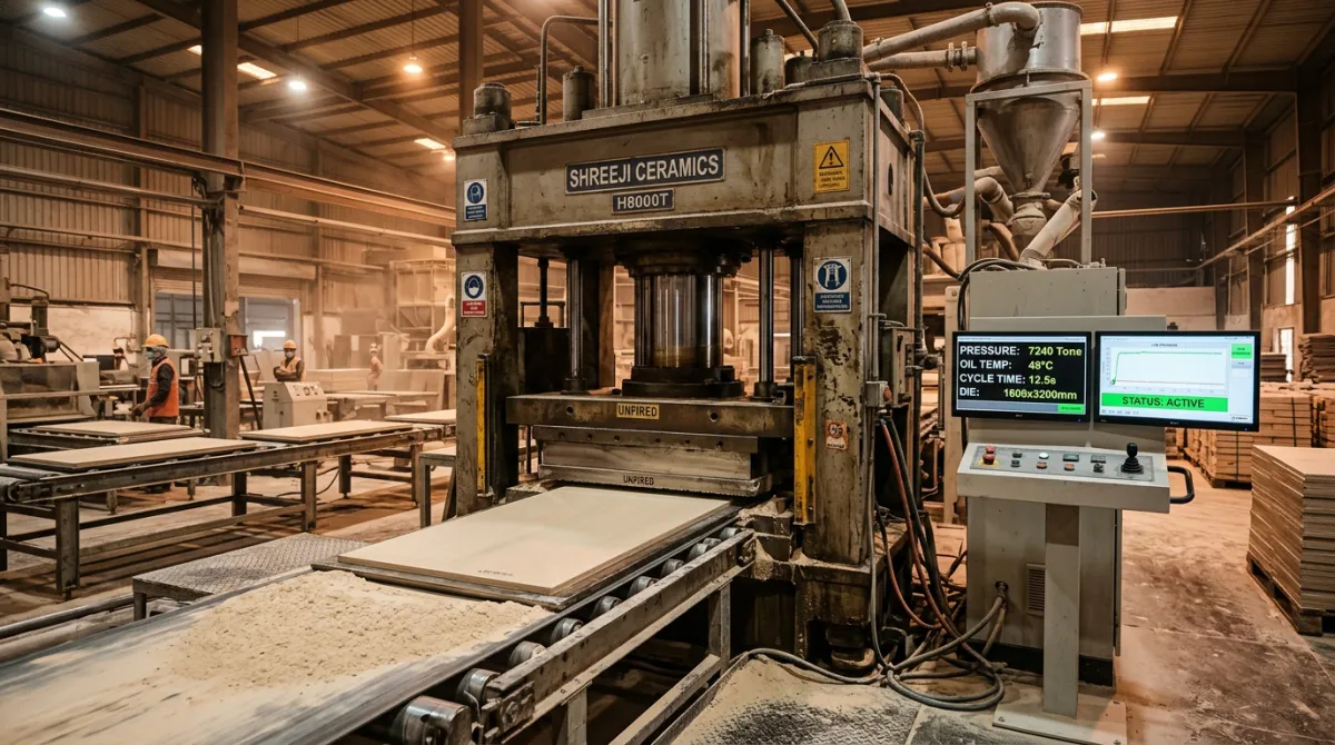 Heavy-duty hydraulic pressing machine forming porcelain tiles inside Morbi manufacturing factory