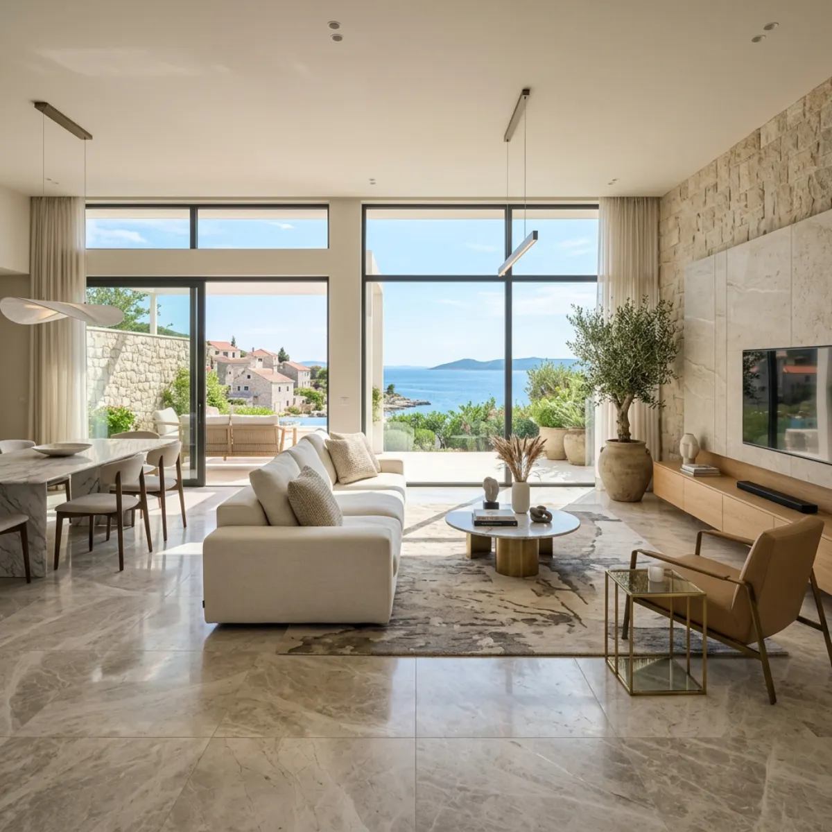 Luxury interior showroom displaying premium polished porcelain tiles and large marble look panels