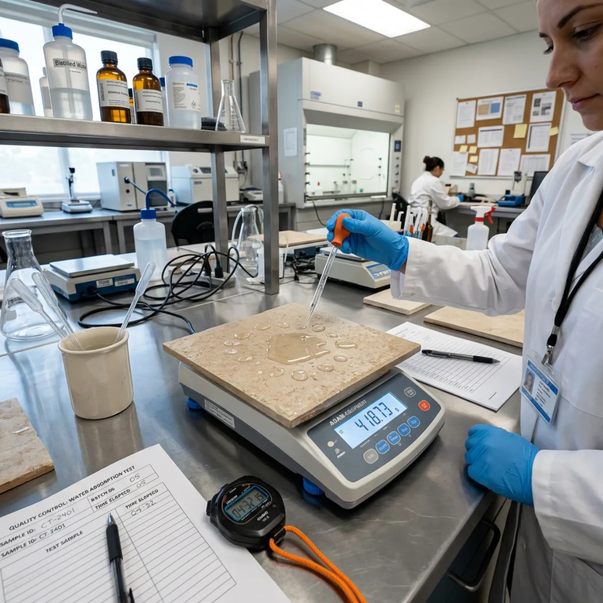 Quality control laboratory testing water absorption and strength of Morbi porcelain tiles