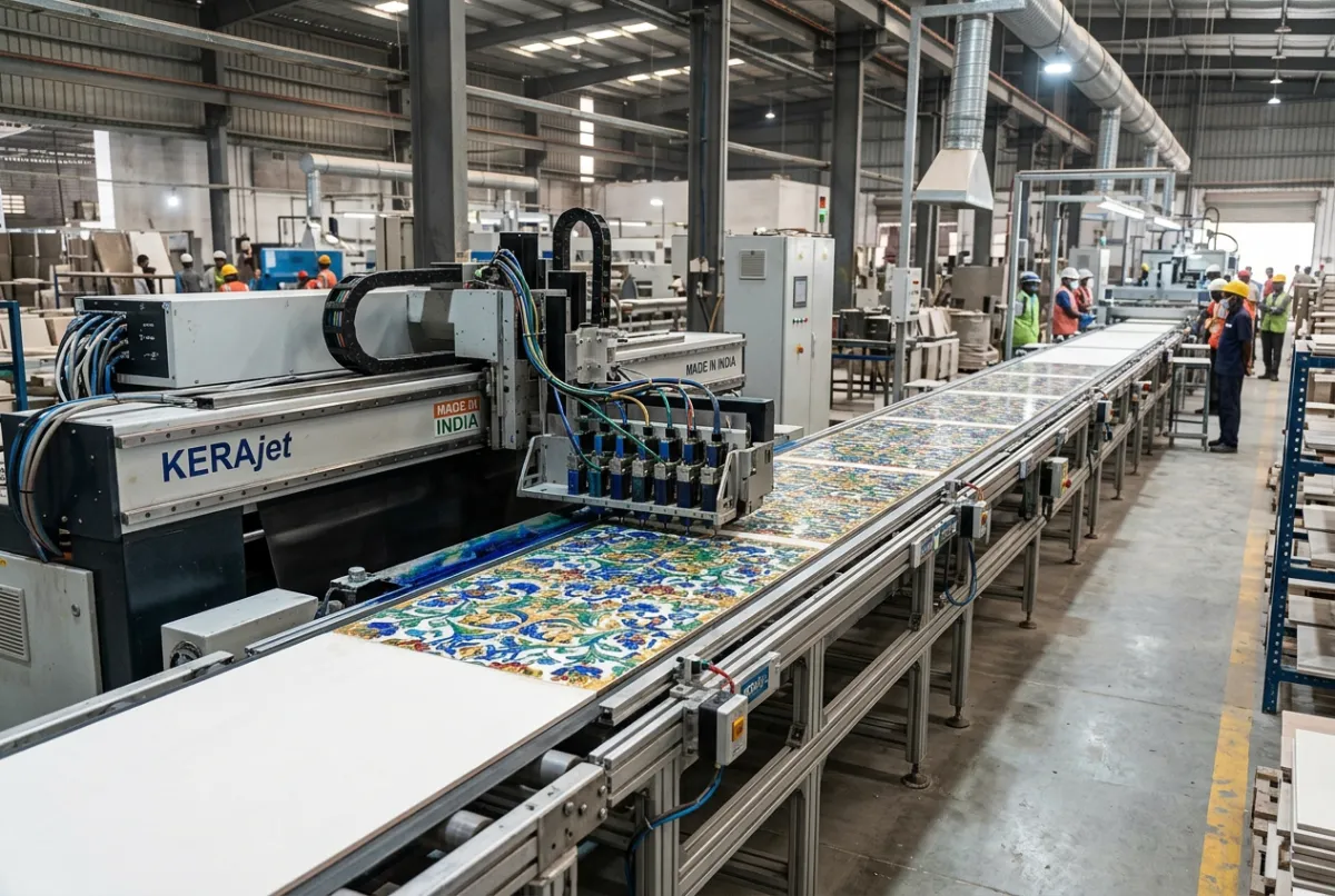 High-speed digital glazed printing machine on ceramic tile manufacturing conveyor line