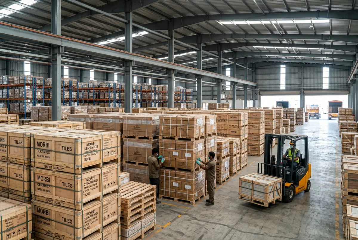 Fumigated wooden pallets containing export porcelain tiles inside factory warehouse bay