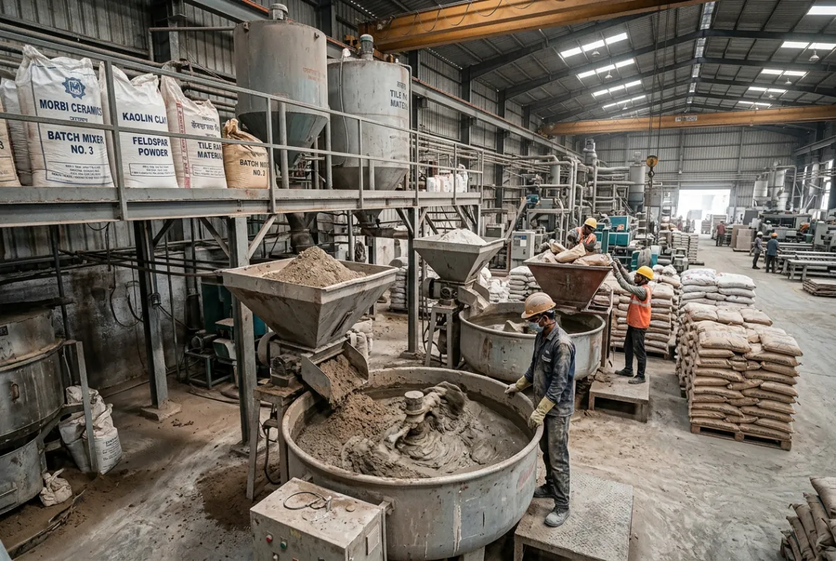 Morbi tile factory raw materials clay feldspar quartz powder storage yard