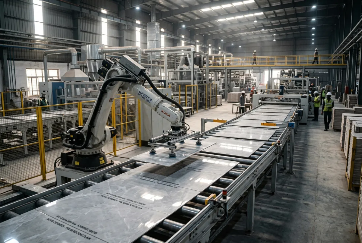 High-capacity advanced automated ceramic tile production factory line with robotic arm in Morbi Gujarat India