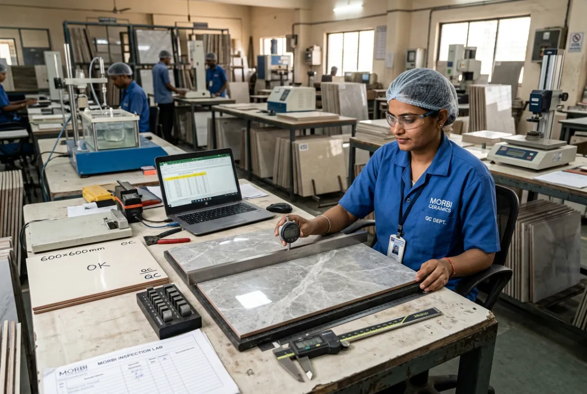 Quality control laboratory technician testing tile flatness calibration and dimensions in Morbi Gujarat