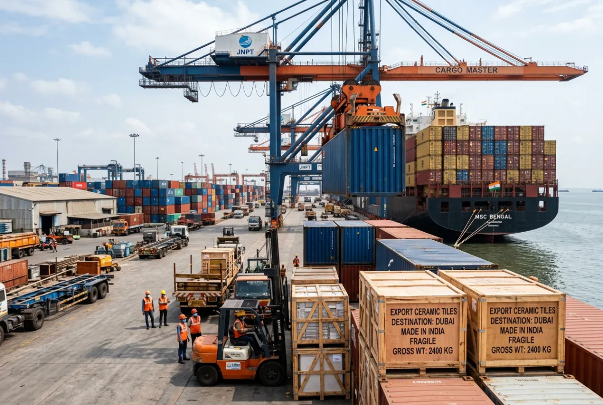 Cargo port cranes loading stacked wooden crates labeled for export ceramic tiles in India