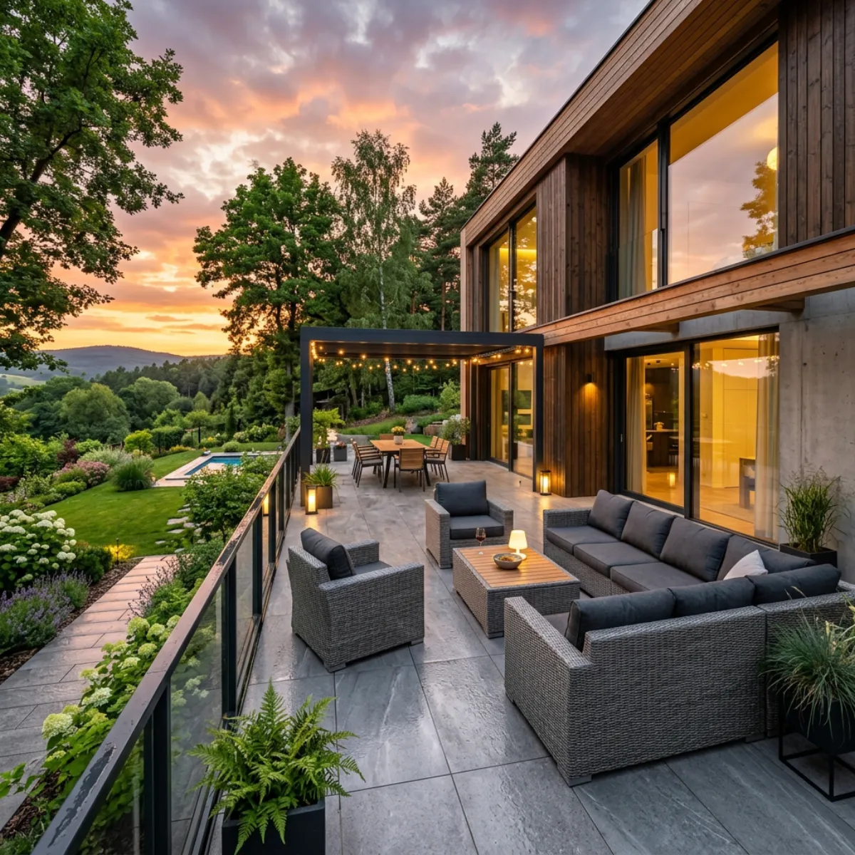 Modern luxury villa terrace showing weather-resistant outdoor porcelain paver tiles around swimming pool