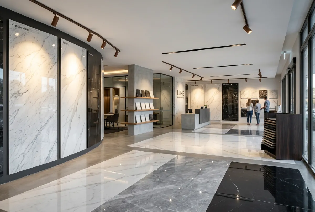 Luxury tiles showroom in Morbi displaying large format porcelain slabs and marble floor tiles