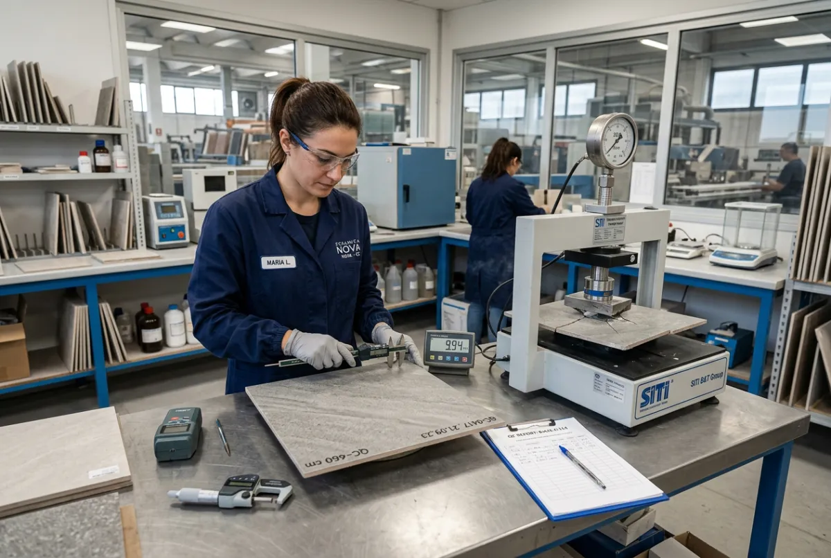 Factory quality testing laboratory checking surface abrasion resistance and strength limits of tiles
