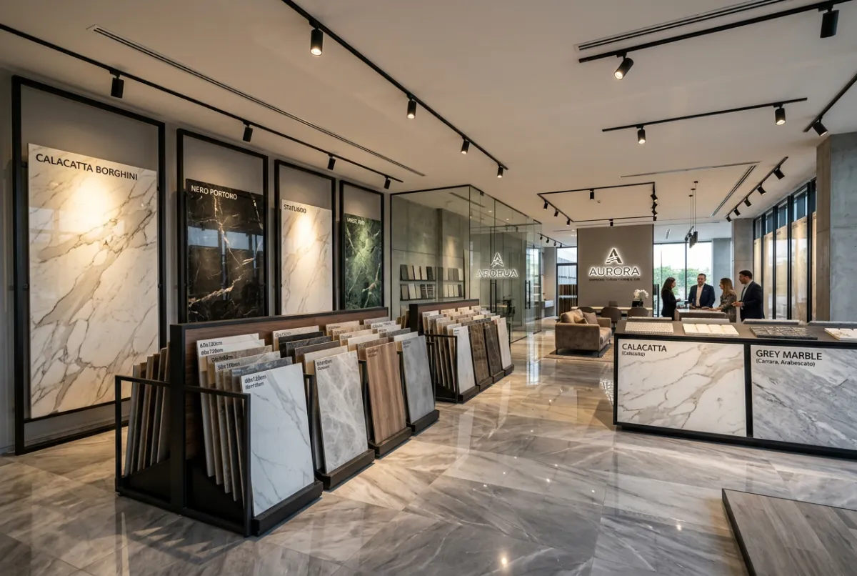 Showroom wall display presenting multiple glazed ceramic tiles of various patterns and shapes