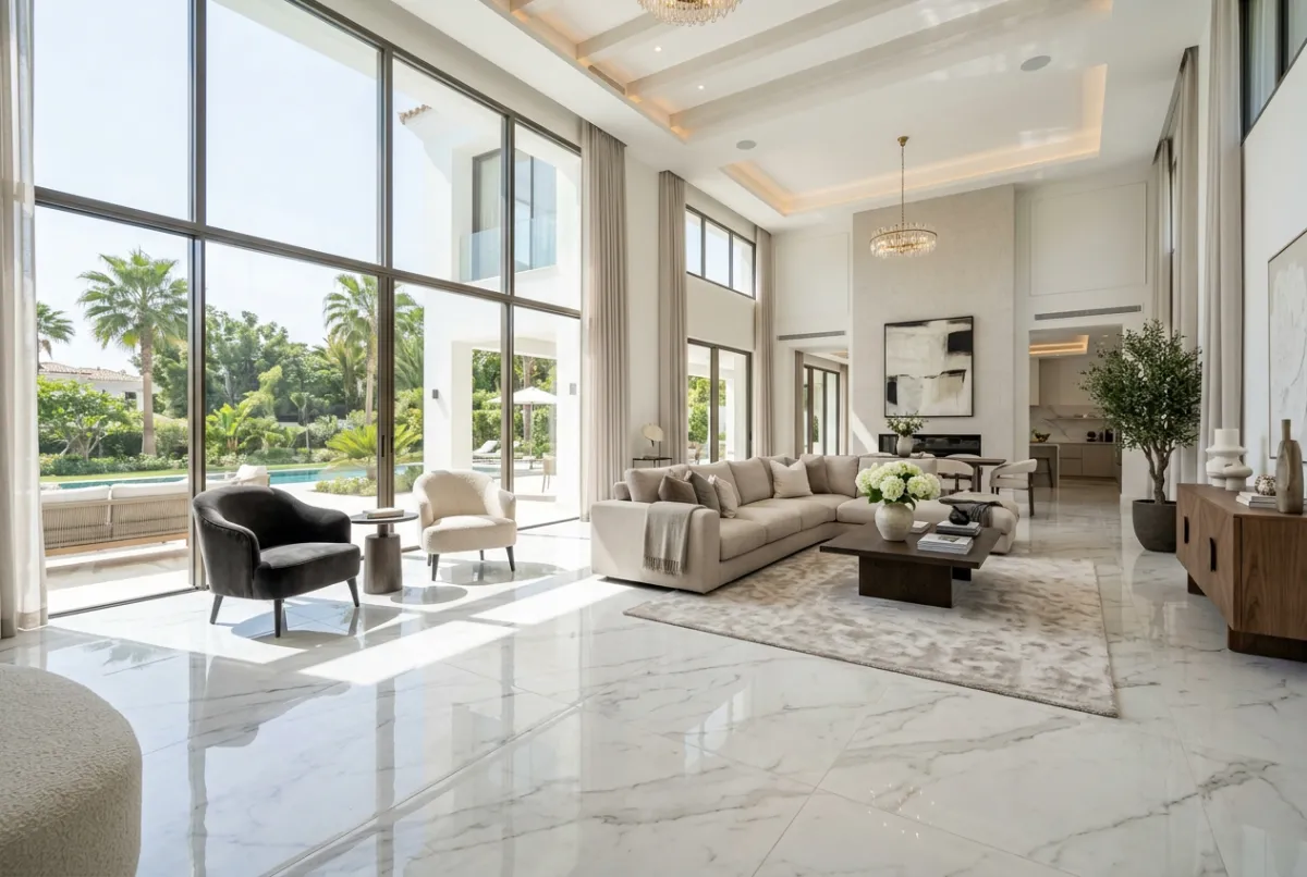 Spacious luxury villa living room interior featuring polished glazed vitrified tiles on floor