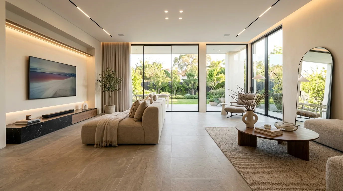 Large format stone look porcelain floor tiles creating a luxury aesthetic in modern living room