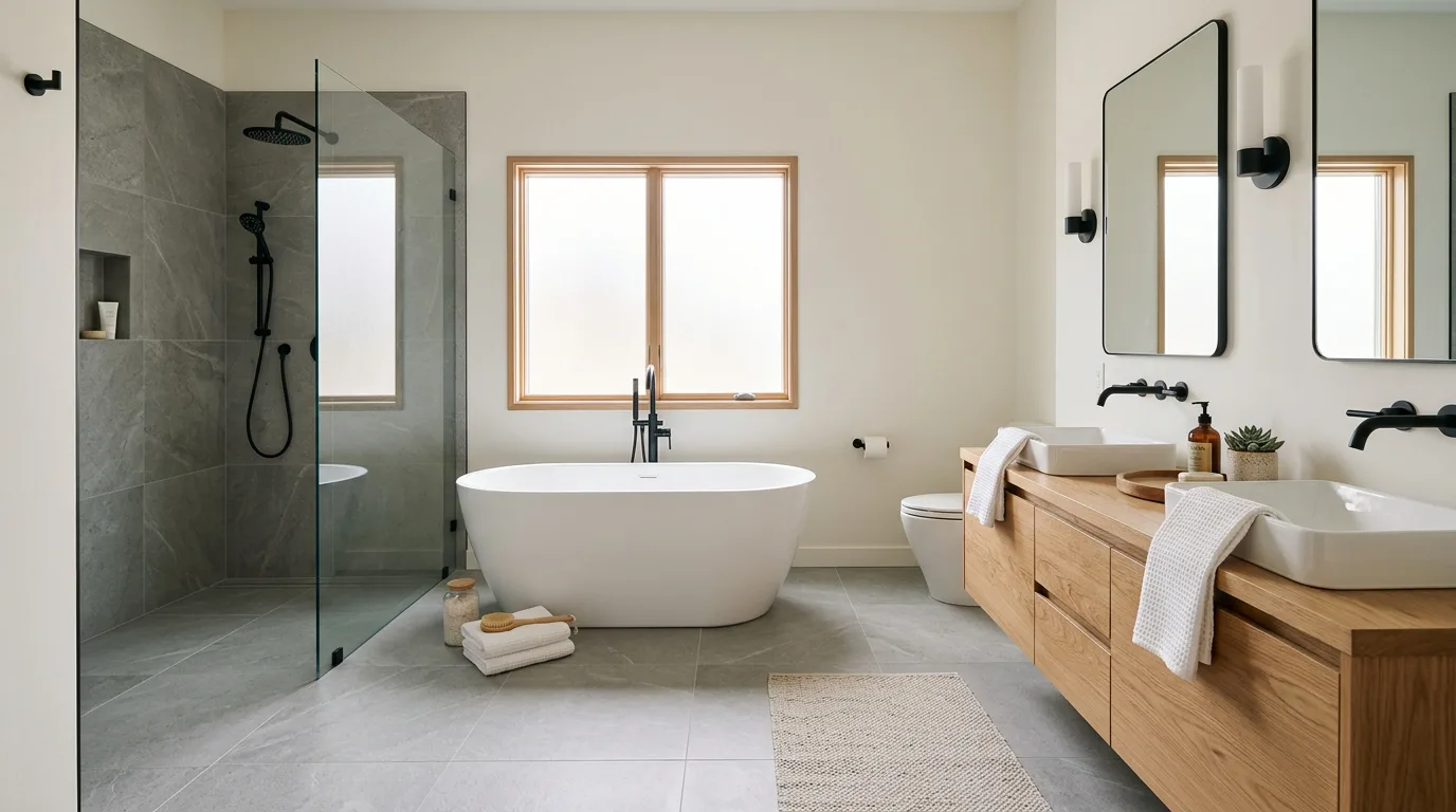 Modern master bathroom featuring large format stone look floor tiles and freestanding bathtub