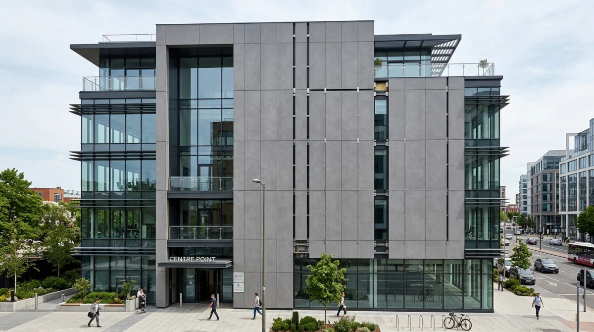 Modern multi-story commercial building exterior featuring ventilated porcelain tile facade cladding with large format architectural panels