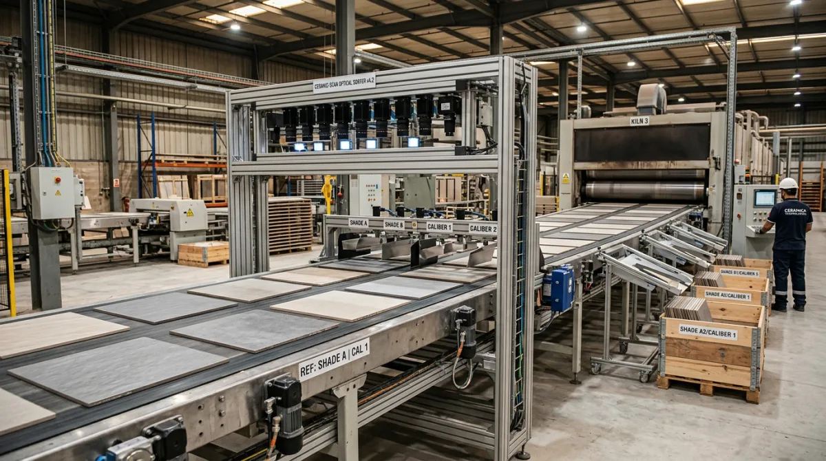 Automated factory conveyor with optical color sorting camera system categorizing porcelain tiles into shade and caliber batches