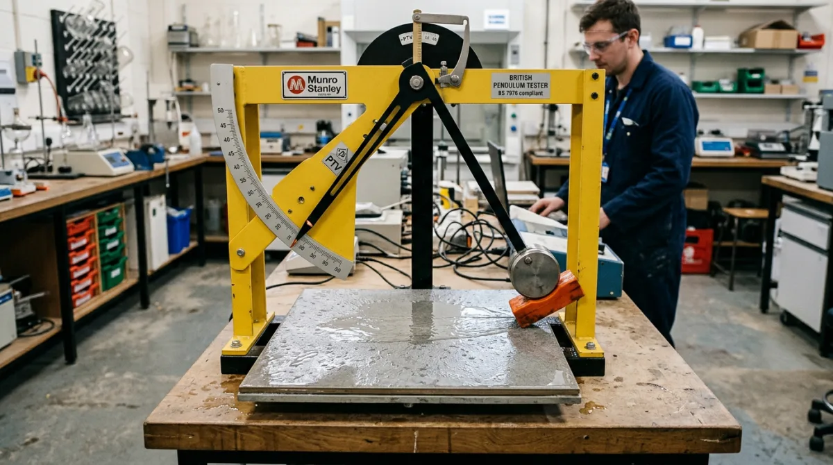 British Pendulum Test apparatus PTV measuring friction and wet slip resistance of ceramic floor tile in a certified laboratory