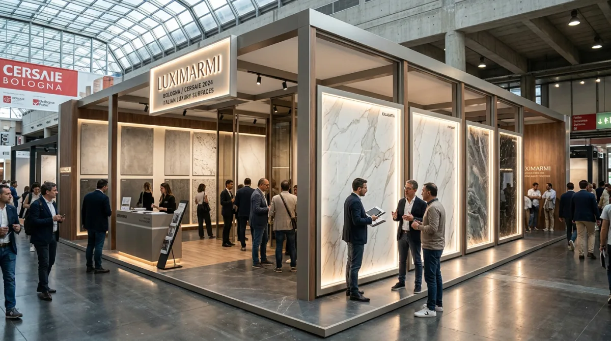 Modern exhibition booth at Cersaie 2026 Bologna showcasing large porcelain slabs and architectural surfaces