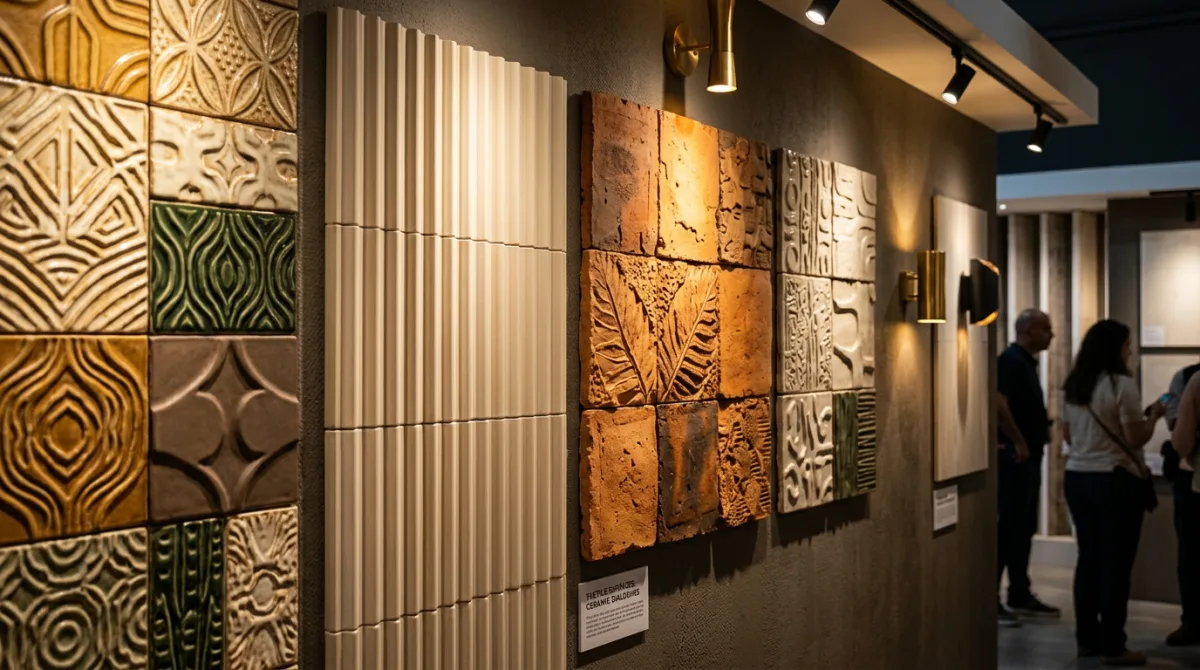 3D textured fluted ceramic wall tiles and terracotta crafted relief surfaces exhibited at Cersaie