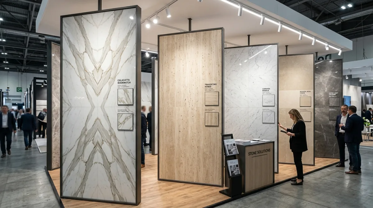 Exhibition display of natural stone, travertine, and bookmatch marble porcelain tiles at Cersaie