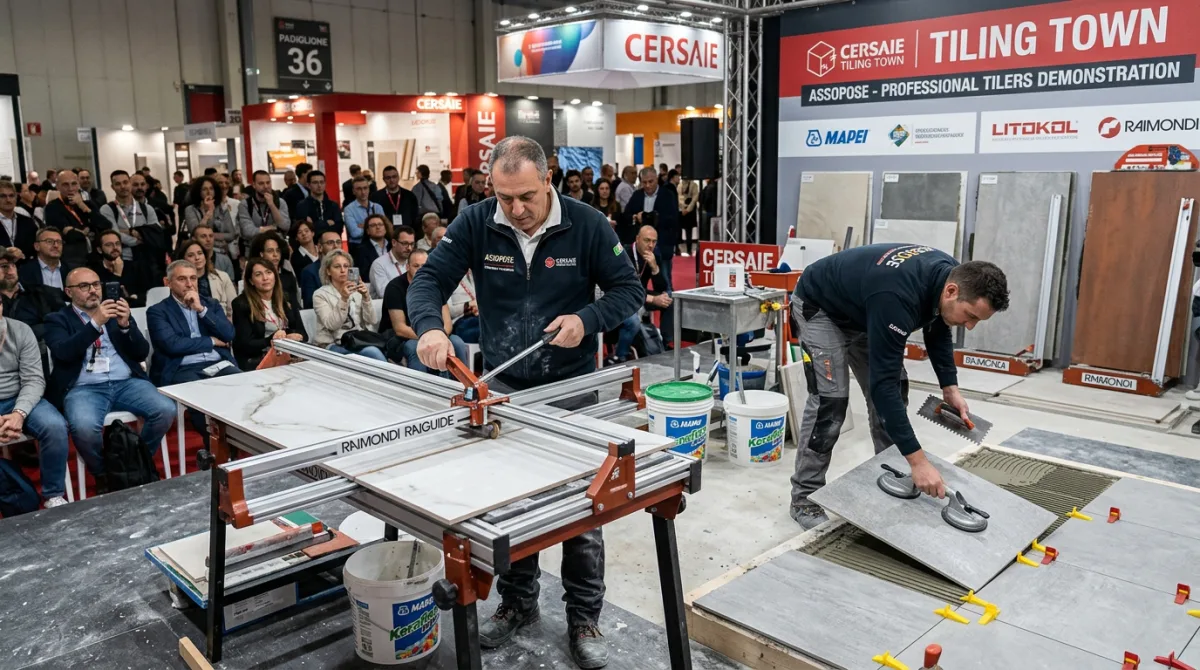 Tiling Town workshop demonstration showing master tilers installing large-format porcelain slabs