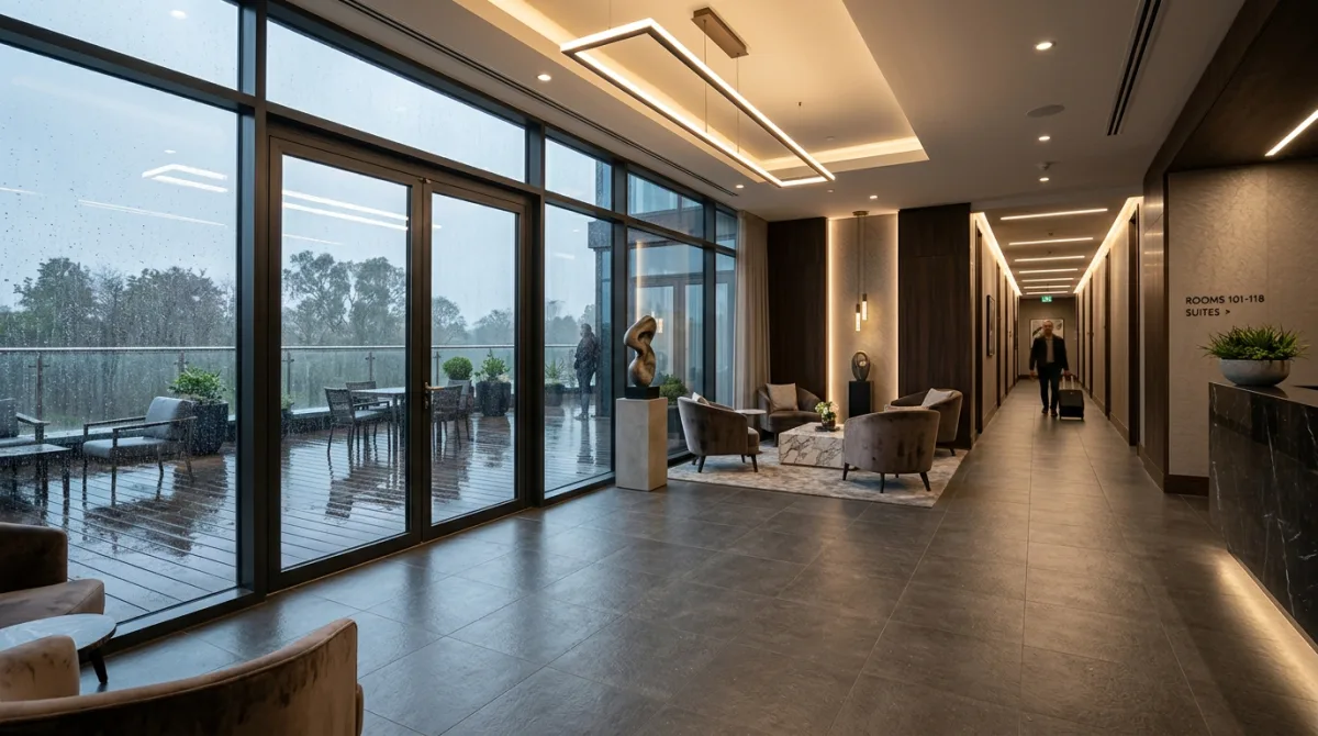High-traffic commercial hotel lobby corridor featuring slip-resistant matte porcelain floor tiles adjacent to rainy outdoor terrace