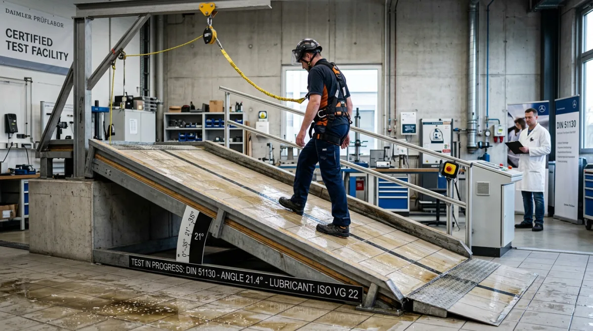Technician conducting DIN 51130 inclined ramp test in testing laboratory to determine R9 R10 R11 tile slip rating