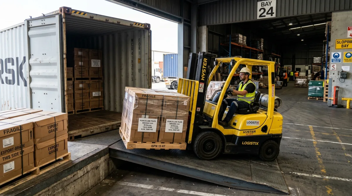 Forklift loading export tile size pallet packages into an ocean shipping container at tile factory dock
