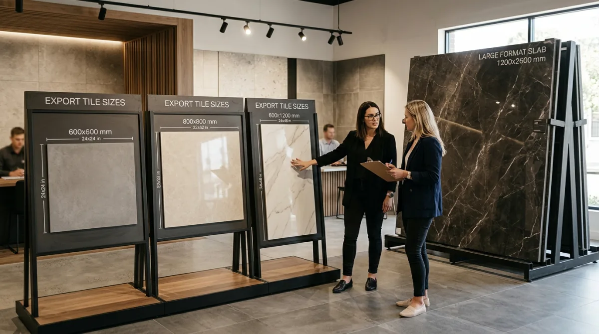 Showroom comparison of export tile size preferences showing 600x600 mm, 800x800 mm, 600x1200 mm and large porcelain slabs