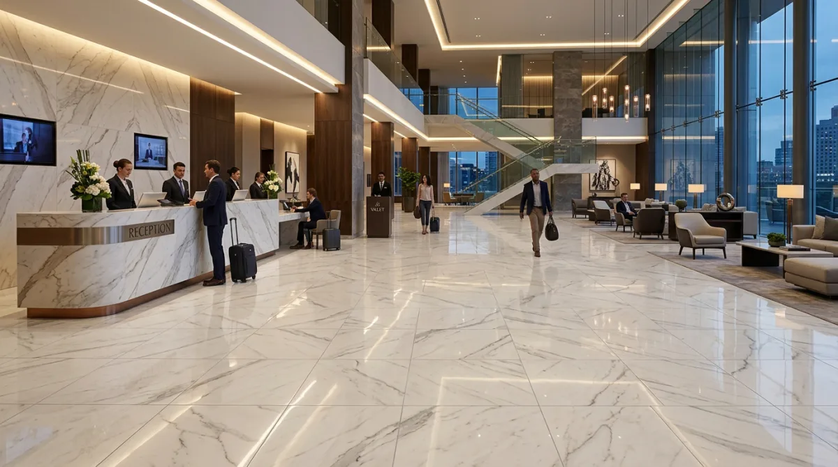 Luxury hotel reception lobby featuring seamless large format 800x800 mm and 600x1200 mm marble look porcelain tile flooring